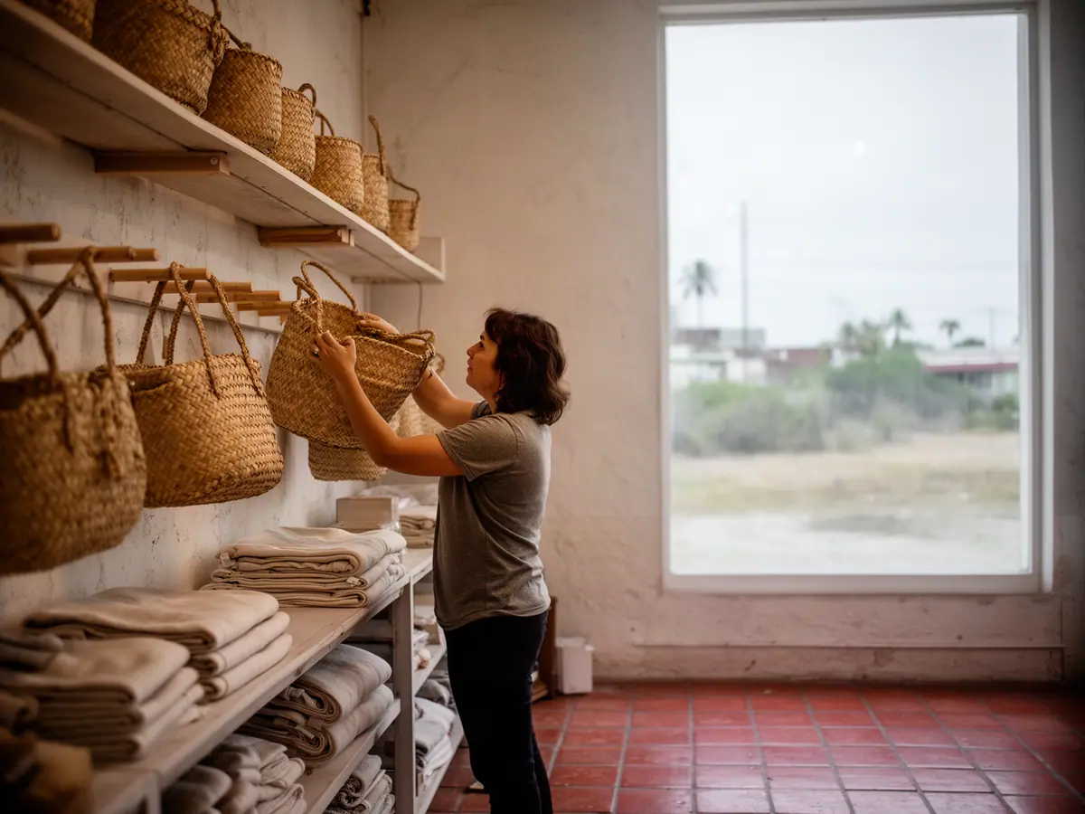 A home-goods shop owner hanging woven baskets on wooden pegs beside shelves of folded cotton textiles.
