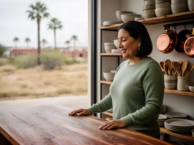 A shop owner behind the counter of a small kitchenware shop.